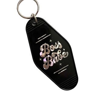 Black Motel Room Style Keychain Holographic print says “Boss Babe”